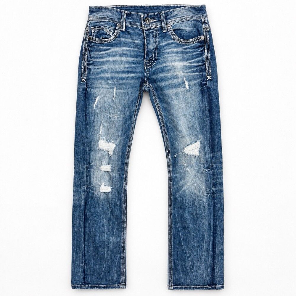 BKE Alec Straight Jeans Krypton Blue Whiskered Distressed Stretch Men's 28x32